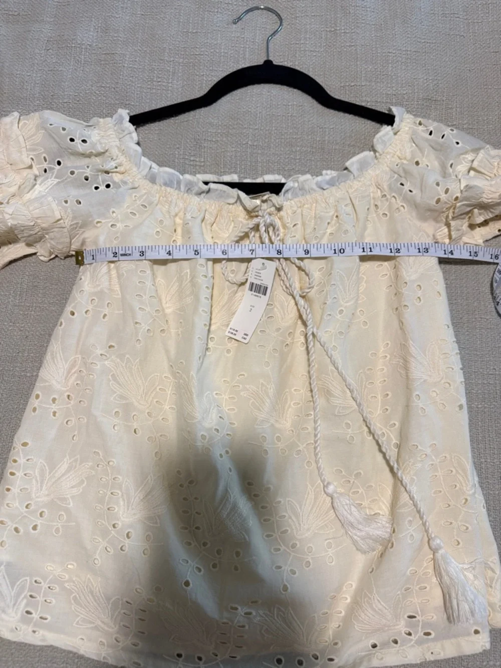 Anthropologie Cream Eyelet Off-Shoulder Peasant Blouse with Tassel
